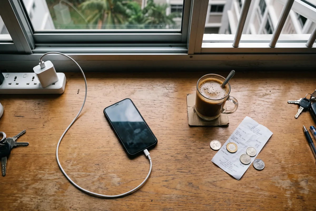 Illustration of a generic phone charging on a desk beside a window in a Singapore flat