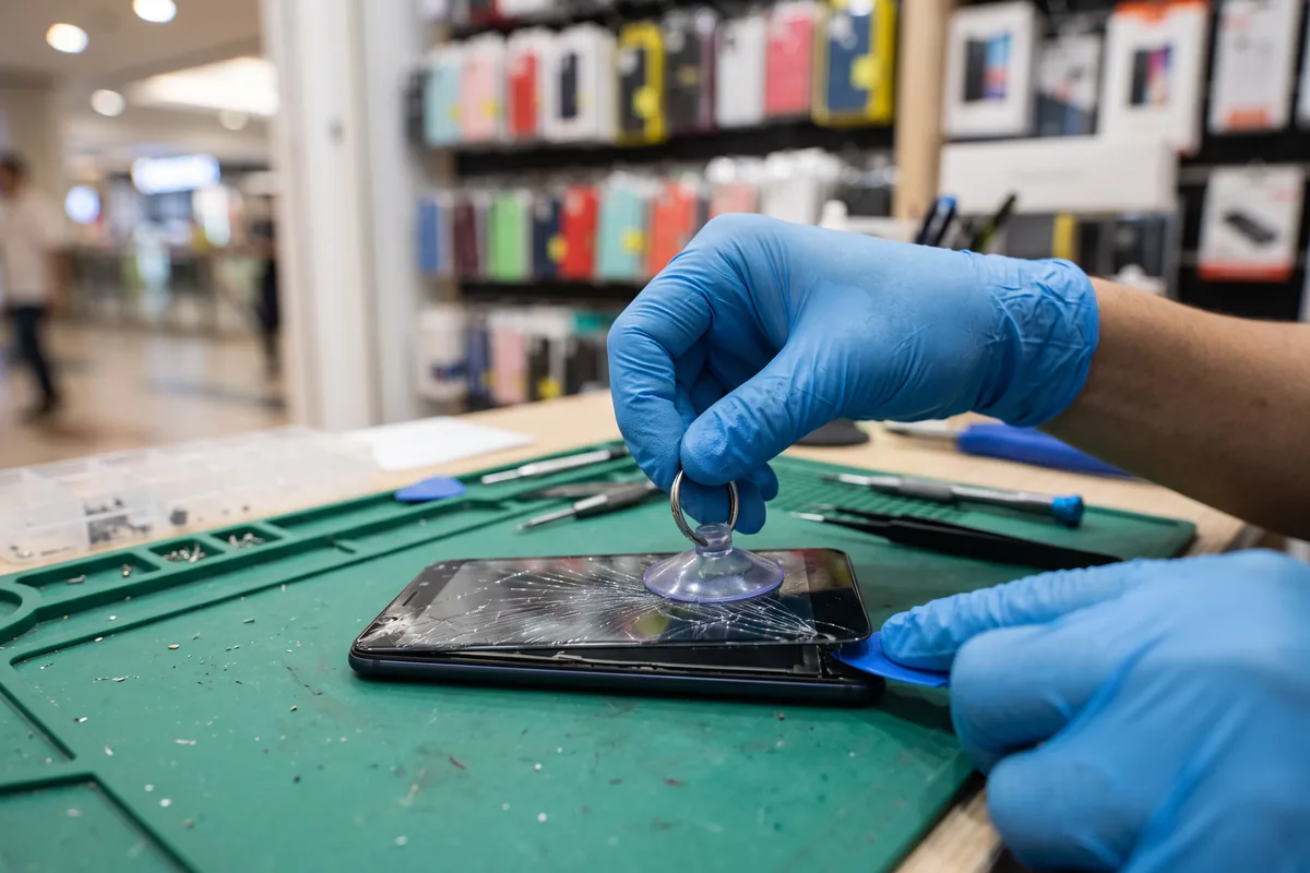 Illustration of a technician lifting a cracked screen off a generic phone at a repair counter