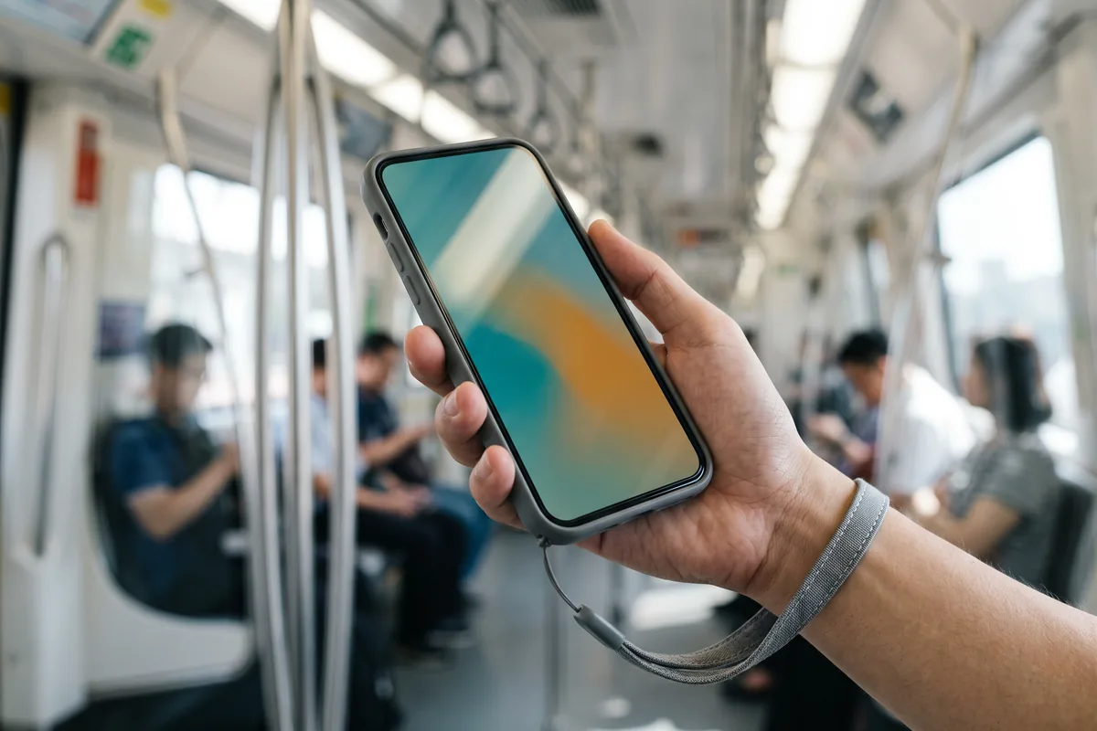 Illustration of a hand holding a large generic phone with a wrist strap on an MRT train