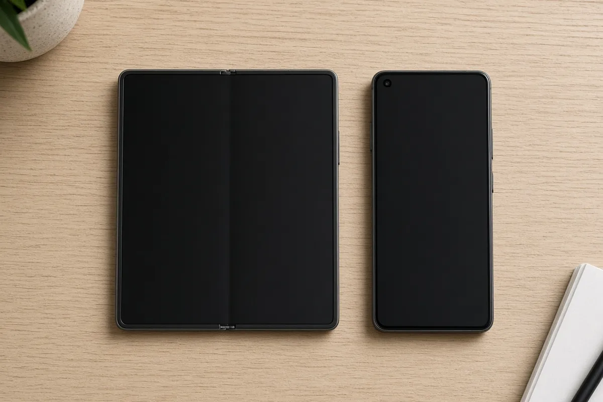 Illustration of a generic folded phone beside a generic slab phone on a wooden table