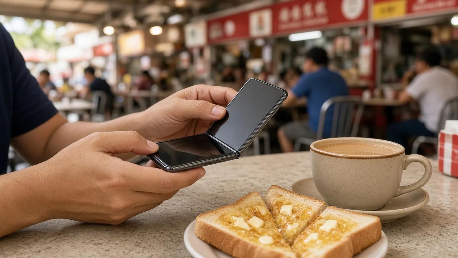 Illustration of a diner at a Singapore hawker centre holding a generic foldable phone