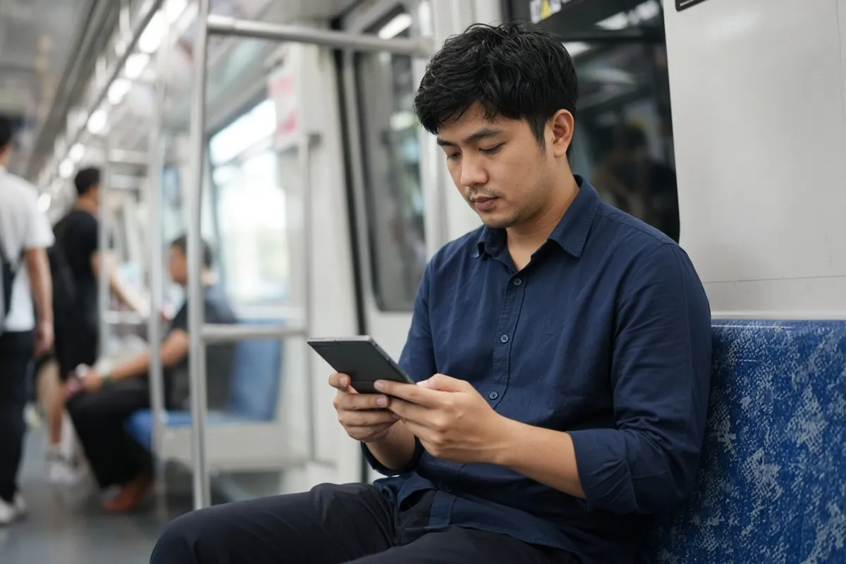 Illustration of a commuter reading on a generic phone on a Singapore MRT train