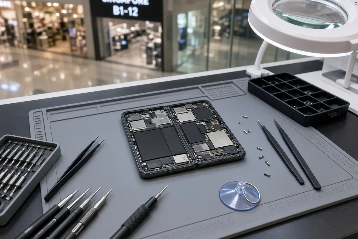 Illustration of a technician repairing a generic opened foldable phone on an anti-static mat